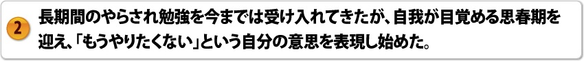 長時間のやらされ勉強を今までは受け入れてきたが、自我が目覚める思春期を迎え、「もうやりたくない」という自分の意志を表現し始めた。